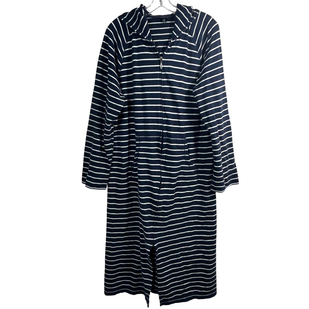Lands End Navy Blue White Striped Hooded Zip Front Robe Swim Beach Coverup Large